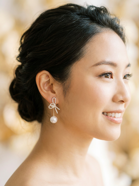 Sparkling Bow & Pearl Drop Earrings – Holiday Gift Delight