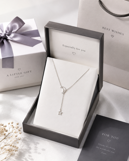 Moon and Star Y Necklace for Women, Dainty Crescent Moon Lariat Necklace, Gold or Silver Tone Celestial Jewelry Gift