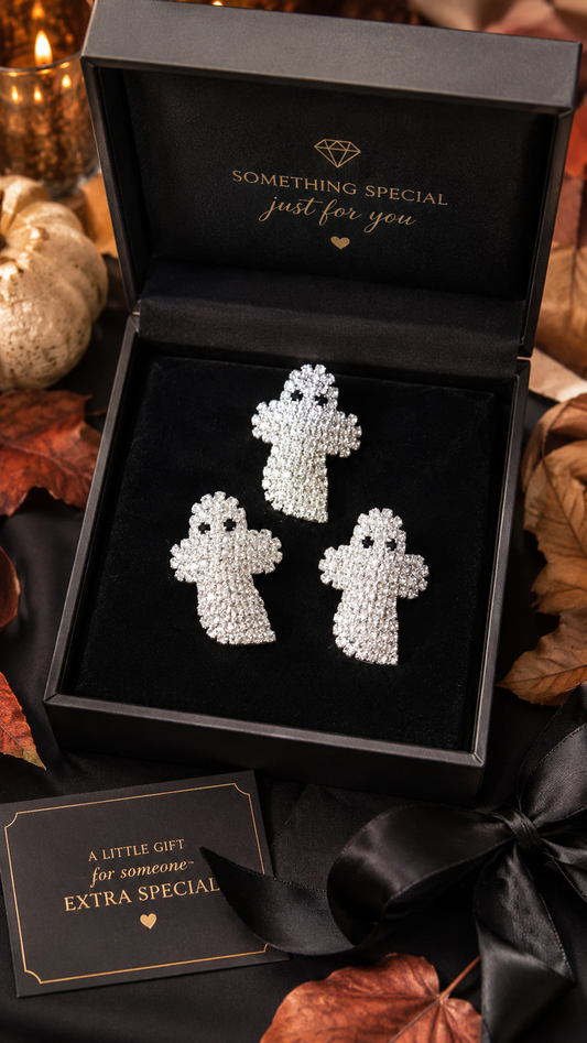 Rhinestone Ghost Pin & Earrings Set Silver Planted Ghost Earrings, Halloween Costume Ghost Jewelry Set