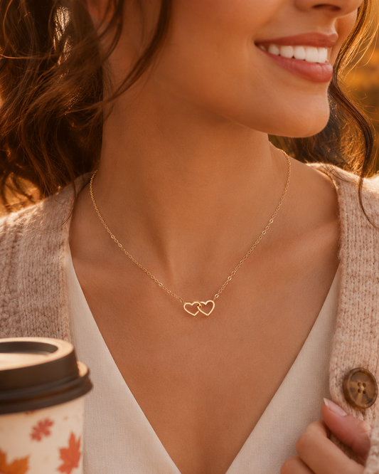 Double Heart Necklace for Women, Gold Tone Open Heart Pendant Necklace, Dainty Love Jewelry Gift