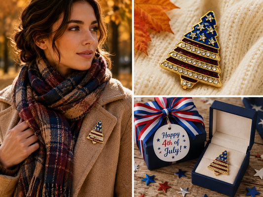 Rhinestone Patriotic Christmas Tree Holiday Brooch Pin And Earring Set, 4th July Red White Blue Patriotic Jewelry Set