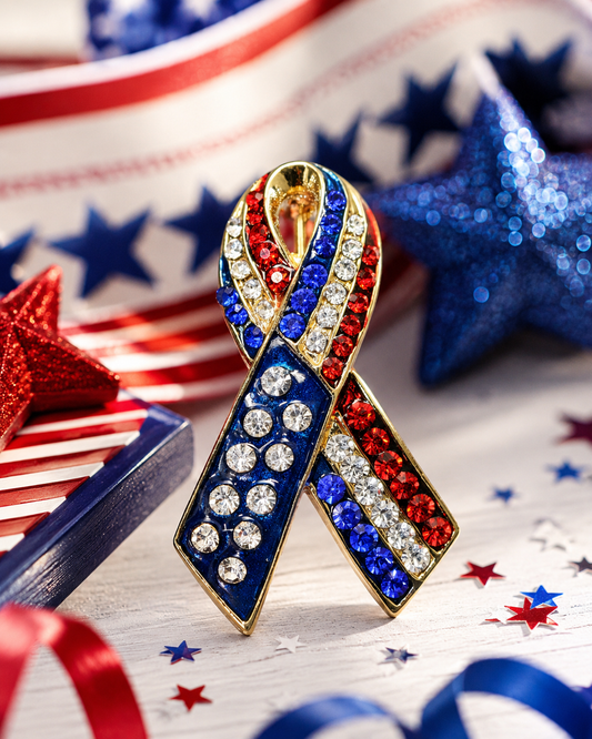 Patriotic Rhinestone American Flag Ribbon Brooch, Red White Blue Ribbon Pin, 4th July Independence Day Jewelry