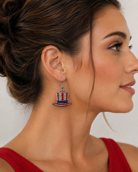 4th July Red White Blue Statement Earrings Top Hat Uncle Sam USA Flag Rhinestone American French Hook Dangle Earring