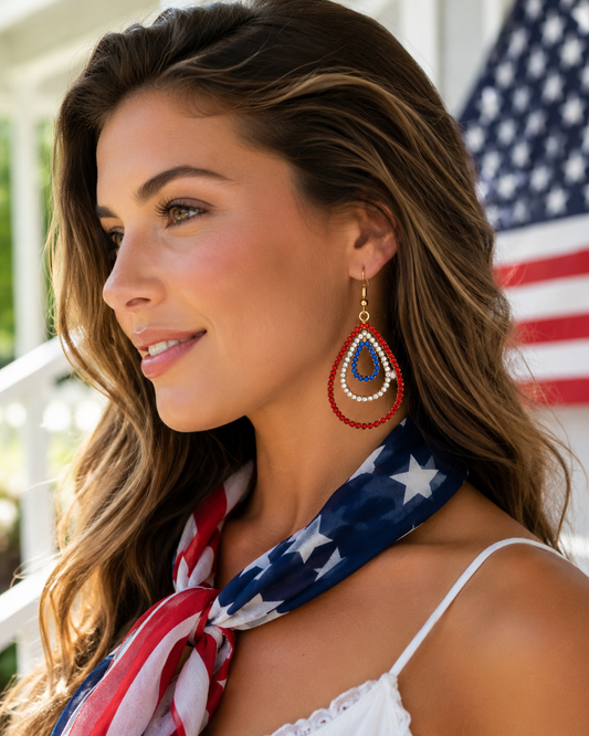 Rhinestone USA Patriotic 4th of July Red White Blue Teardrop Tripe Layer Dangle Earring
