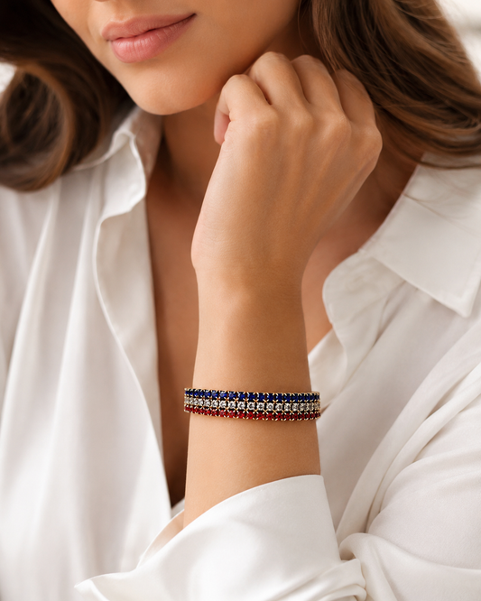 Women's Red White And Blue USA Flag Patriotic Statement Stretch Rhinestone Bracelet
