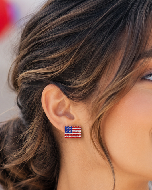 Rhinestone American USA Flag 4th July Stud Earrings, Gold-Plated Patriotic Red White Blue Flag Earring, Patriotic Independence Jewelry