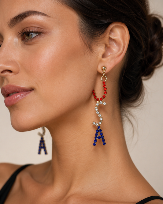 Rhinestone Patriotic Crystal USA Flag Post Dangle Earring Red White & Blue Letters
