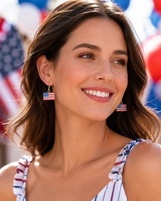 Gold-Plated Rhinestone USA Patriotic Flag Earrings, 4th of July Red White Blue Flag Dangle Earring