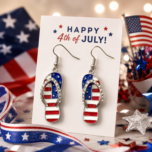 American Flag Rhinestone 4th July Flip Flops Drop Earrings, Patriotic Jewelry, Red White Blue Flip Flops Earrings
