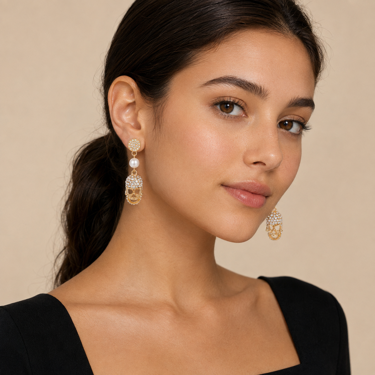 Just Love Jewels Gold-Tone Crystal Skull Drop Earrings with Faux Pearl, Halloween Statement Jewelry for Women