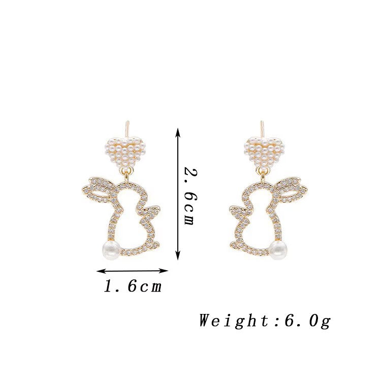 Faux Pearl Bunny Rabbit Dangle Rhinestones Earrings Easter Heart Bunny Earrings