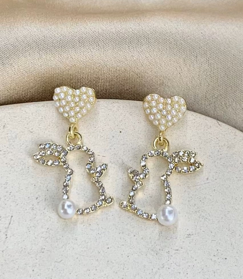 Faux Pearl Bunny Rabbit Dangle Rhinestones Earrings Easter Heart Bunny Earrings