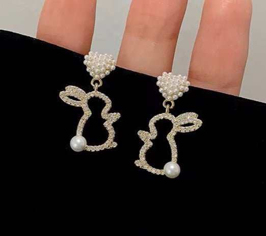 Faux Pearl Bunny Rabbit Dangle Rhinestones Earrings Easter Heart Bunny Earrings