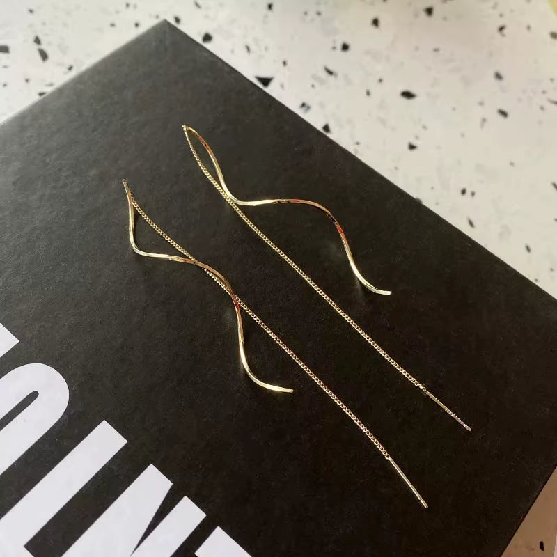 Gold-Tone Twisted Wave Threader Earrings for Women – Long Chain Dangle Jewelry