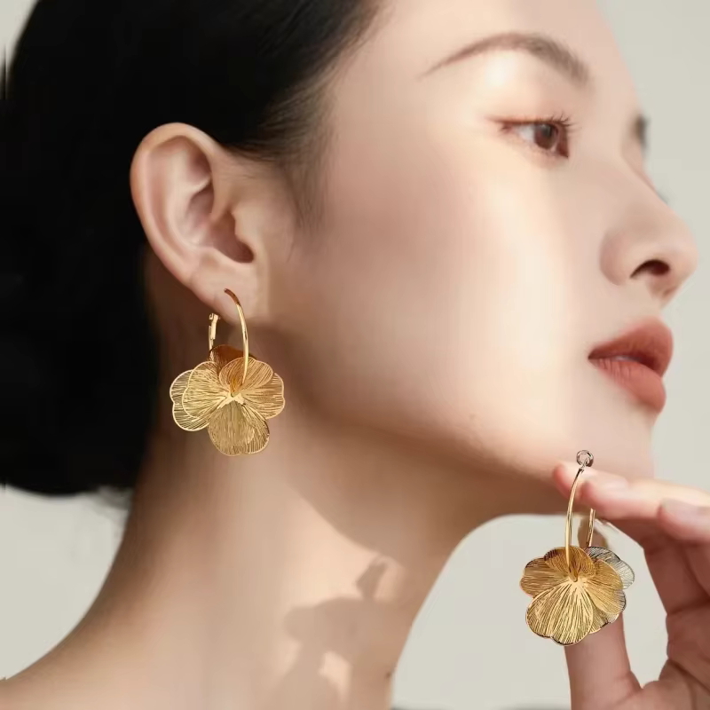 Gold-Tone Stainless Steel Double-Layer Flower Hoop Earrings for Women