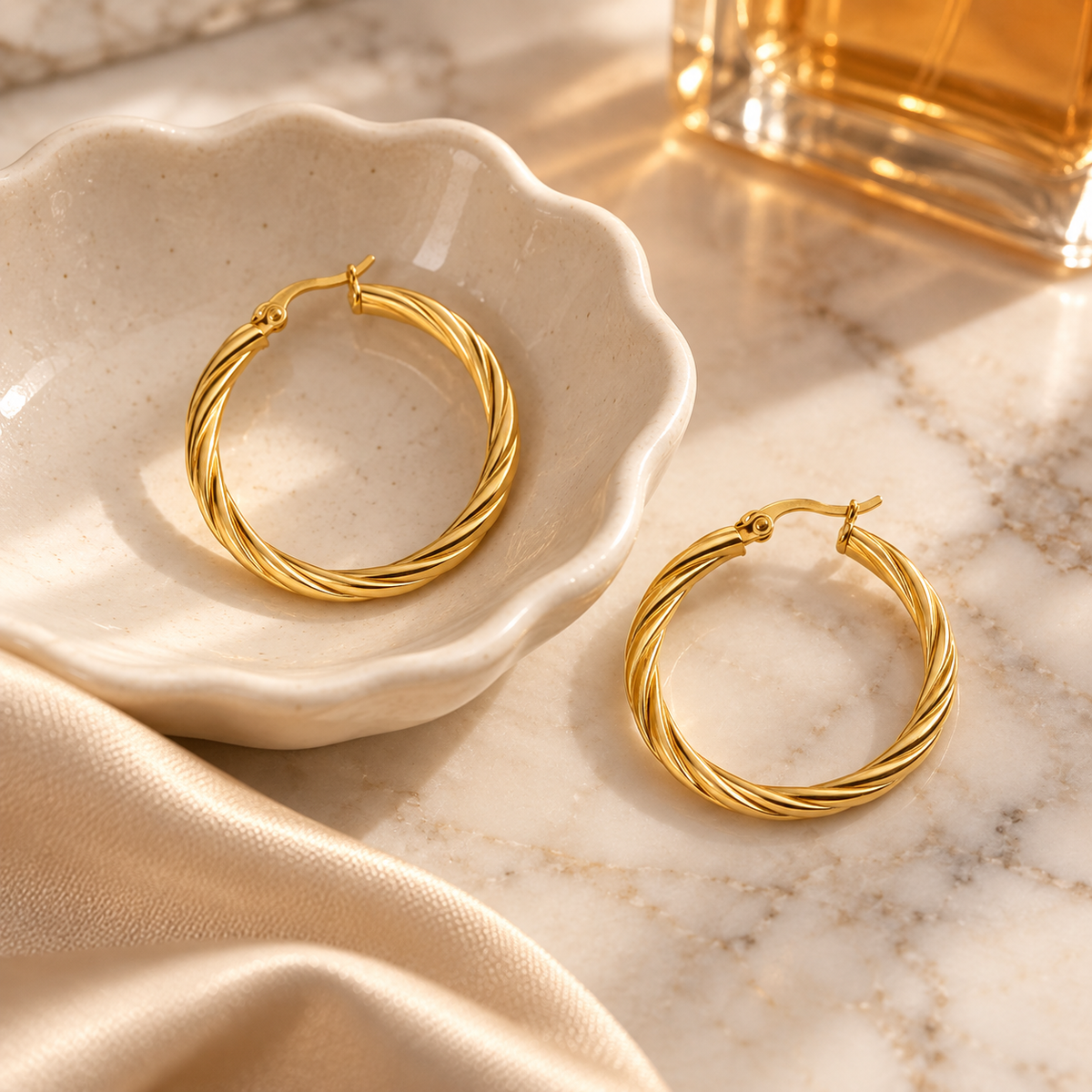 Gold-Tone Stainless Steel Twisted Hoop Earrings for Women – 20 mm Classic Round Hoops