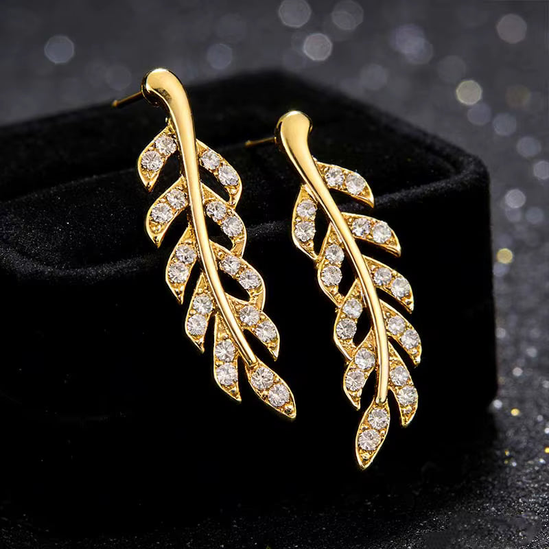 Gold-Tone Clear Rhinestone Leaf Ear Climber Earrings for Women – Branch Stud Jewelry