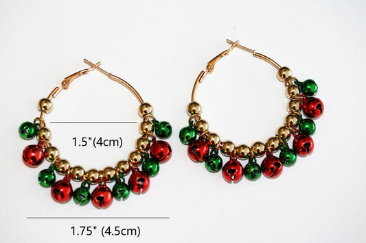 Festive Jingle Bell Hoop Earrings – Red, Green & Gold Christmas Holiday Earrings