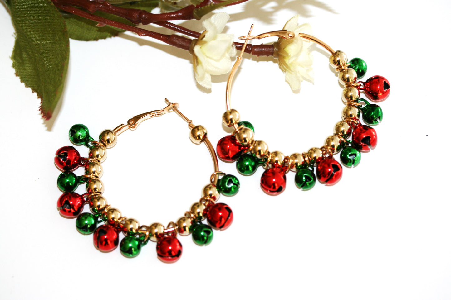 Festive Jingle Bell Hoop Earrings – Red, Green & Gold Christmas Holiday Earrings