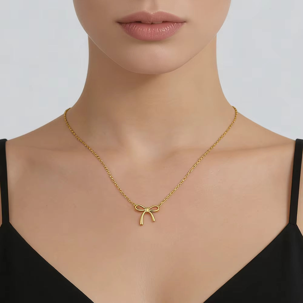 Gold-Tone & Silver-Tone Stainless Steel Bow Pendant Necklace for Women – Minimalist Ribbon Jewelry