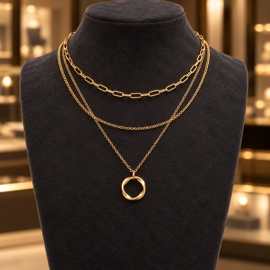 Gold-Tone Layered Open Circle Pendant Necklace for Women – Paperclip Chain Jewelry