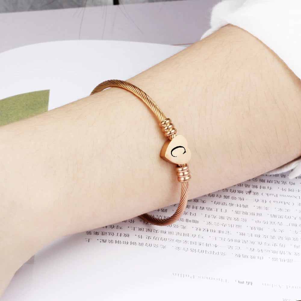 Stainless Steel Initial Heart Cable Bangle Bracelet