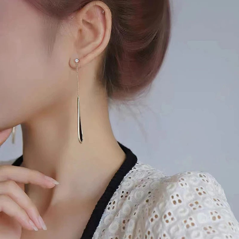 Gold minimalist long chain earrings, Black teardrop dangle earrings Chain Tassel Drop Earrings for Women