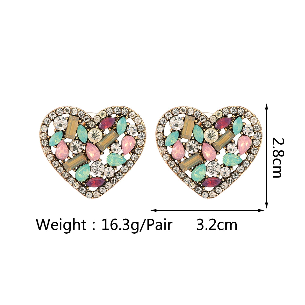 Fashion Heart Metal Hollow Stud Earrings for Women Luxury Bling Color Crystal Party Jewelry Aesthetic Accessories