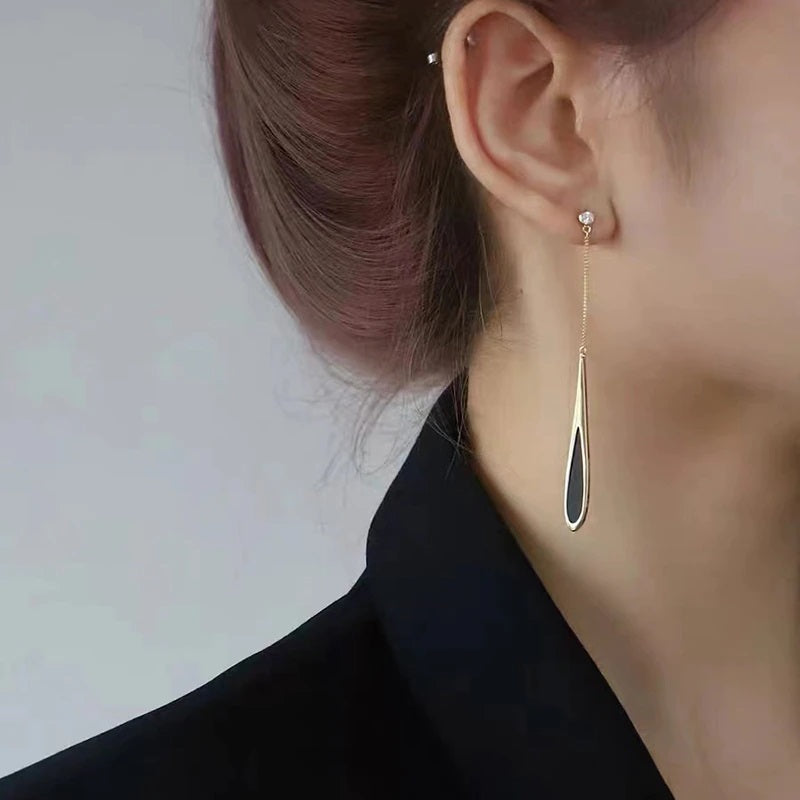 Gold minimalist long chain earrings, Black teardrop dangle earrings Chain Tassel Drop Earrings for Women