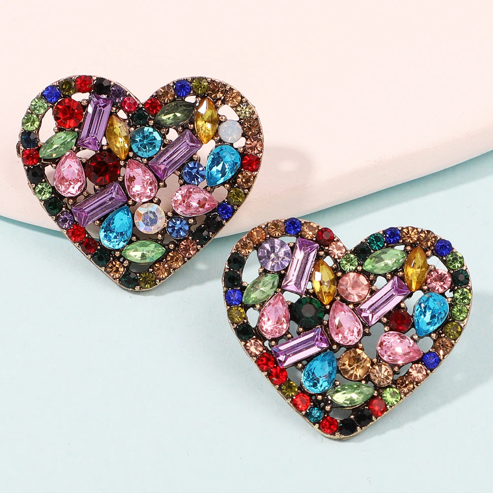 Fashion Heart Metal Hollow Stud Earrings for Women Luxury Bling Color Crystal Party Jewelry Aesthetic Accessories