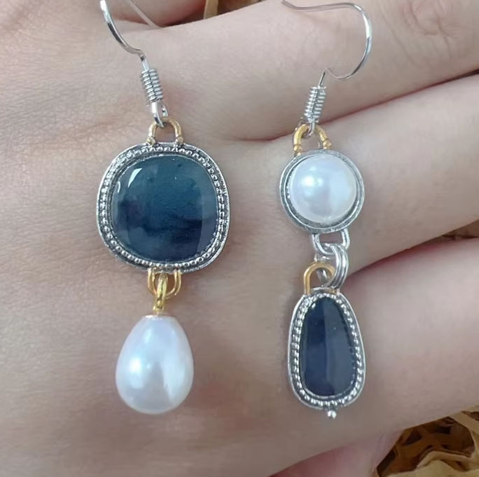 Vintage Blue Natural Stone & Pearl Earrings For Women Fashion Jewelry