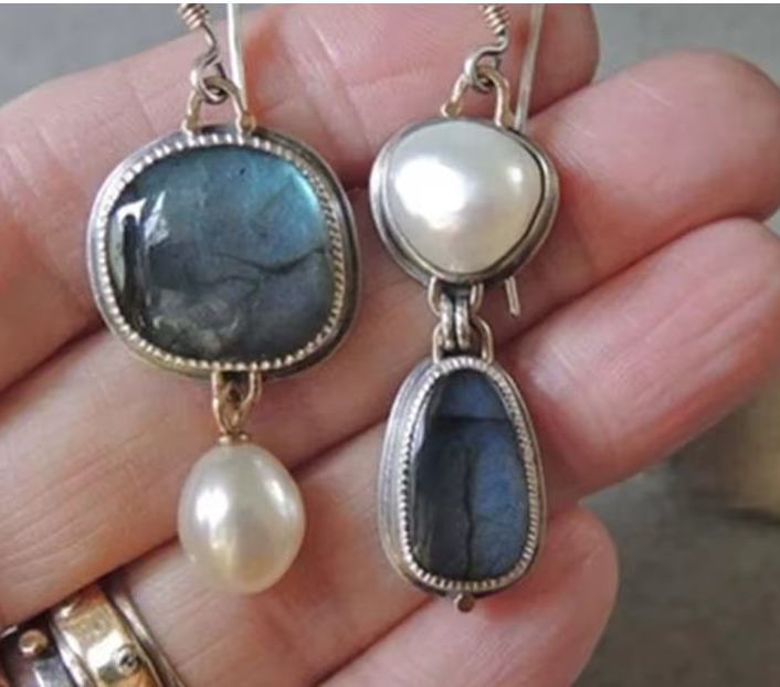 Vintage Blue Natural Stone & Pearl Earrings For Women Fashion Jewelry