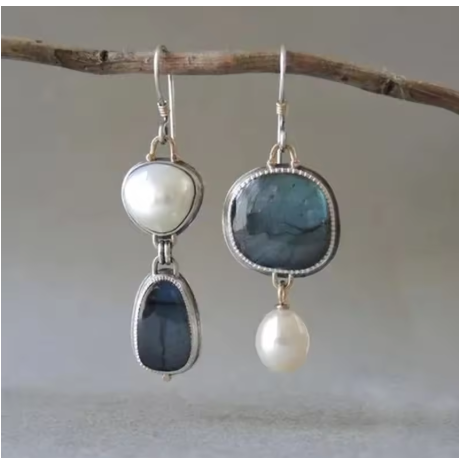 Vintage Blue Natural Stone & Pearl Earrings For Women Fashion Jewelry