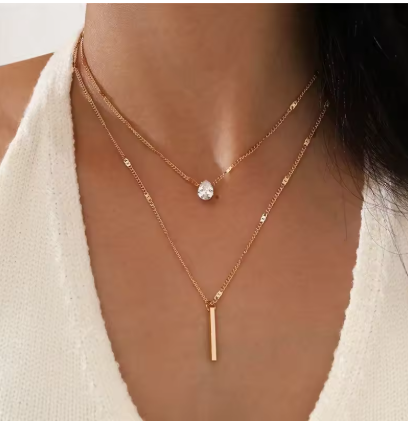 Layered Gold Necklace for Women, Dainty Multi-Strand Necklace with Crystal Charm and Bar Pendant, Trendy Everyday Jewelry Gift