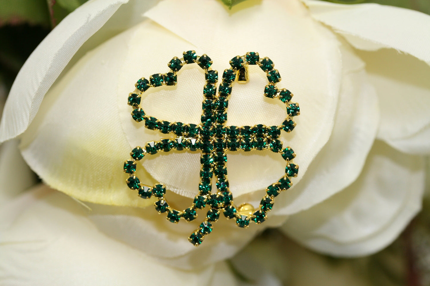 Rhinestone Emerald Shamrock Four-leaf Clovers Brooch Pin, Irish St. Patrice's Day Shamrock Jewelry Gift
