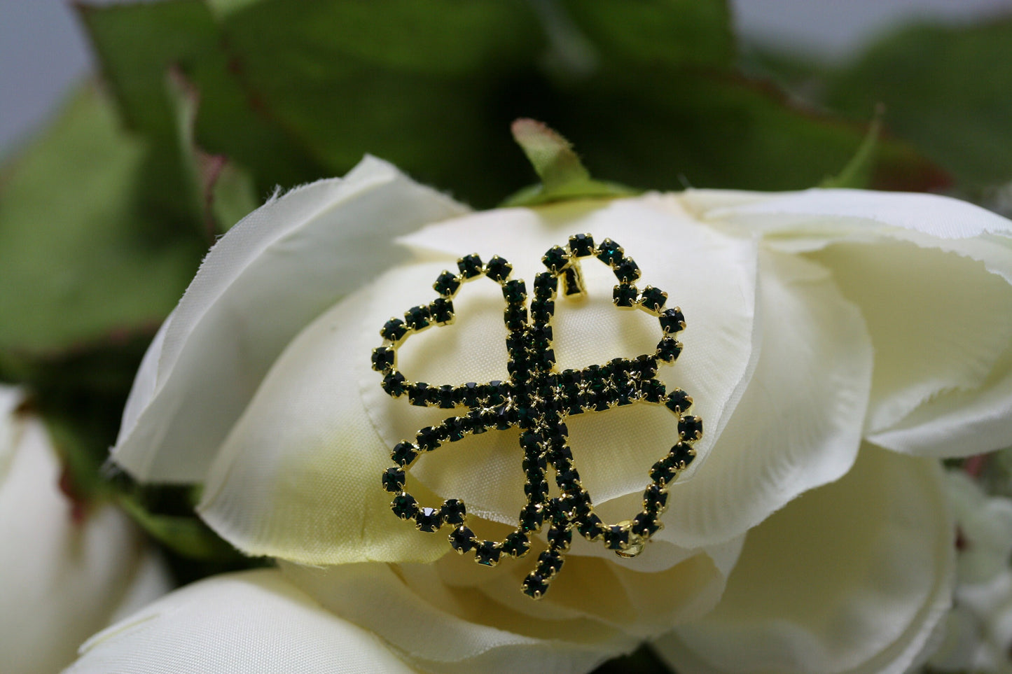 Rhinestone Emerald Shamrock Four-leaf Clovers Brooch Pin, Irish St. Patrice's Day Shamrock Jewelry Gift