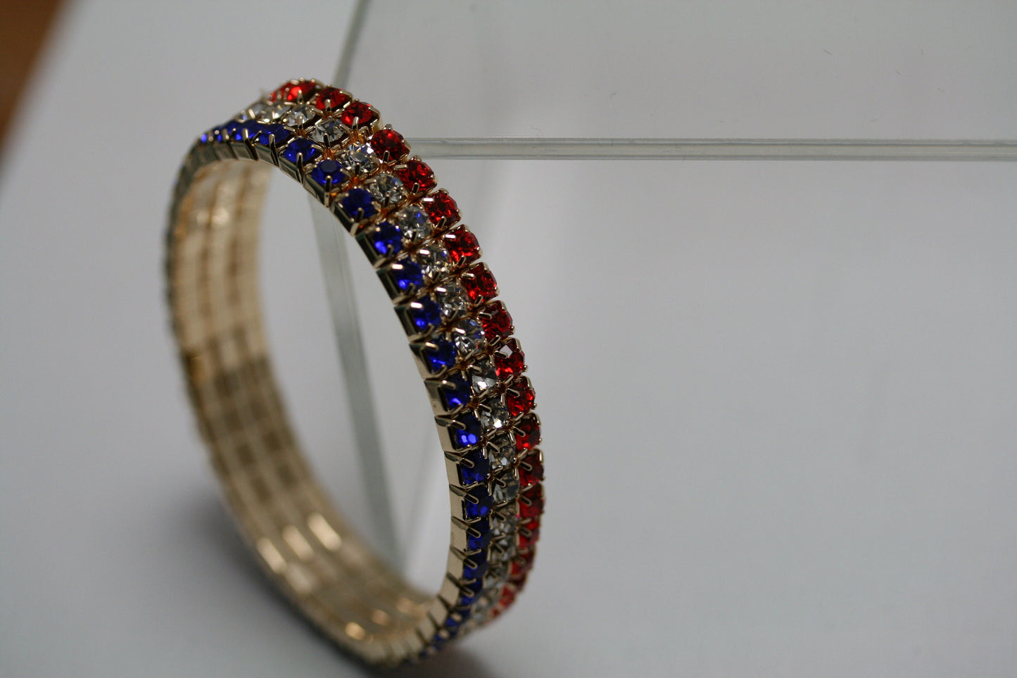 Women's Red White And Blue USA Flag Patriotic Statement Stretch Rhinestone Bracelet