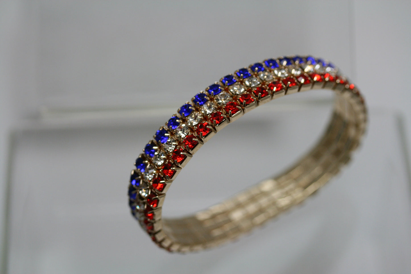 Women's Red White And Blue USA Flag Patriotic Statement Stretch Rhinestone Bracelet