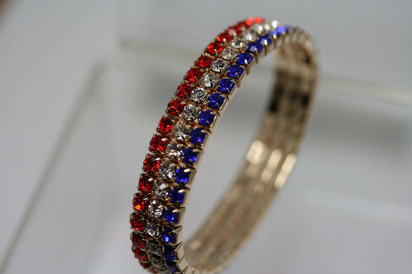 Women's Red White And Blue USA Flag Patriotic Statement Stretch Rhinestone Bracelet