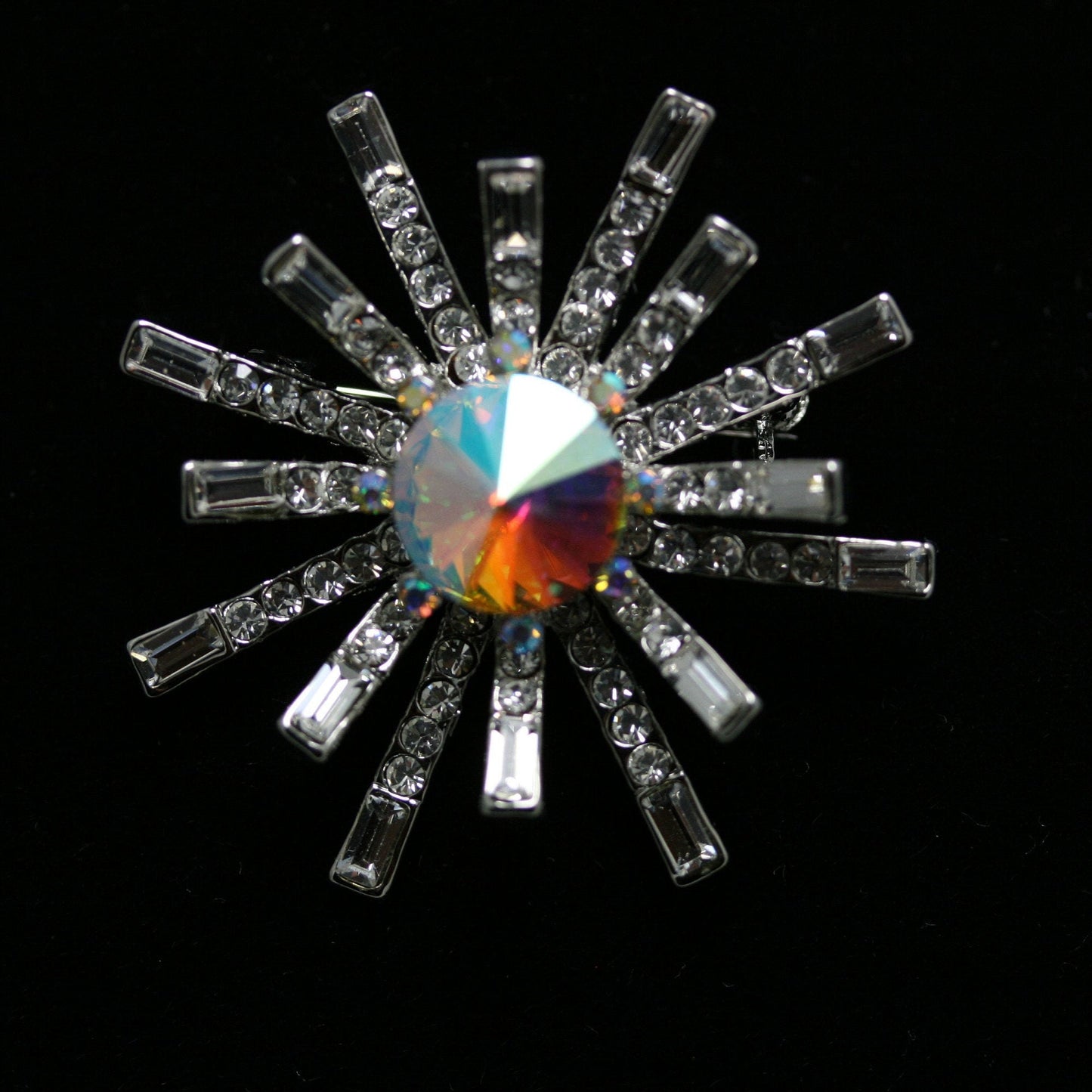 Vintage Clear Rhinestone Starburst Sunburst Hub Spoke Brooch Pin