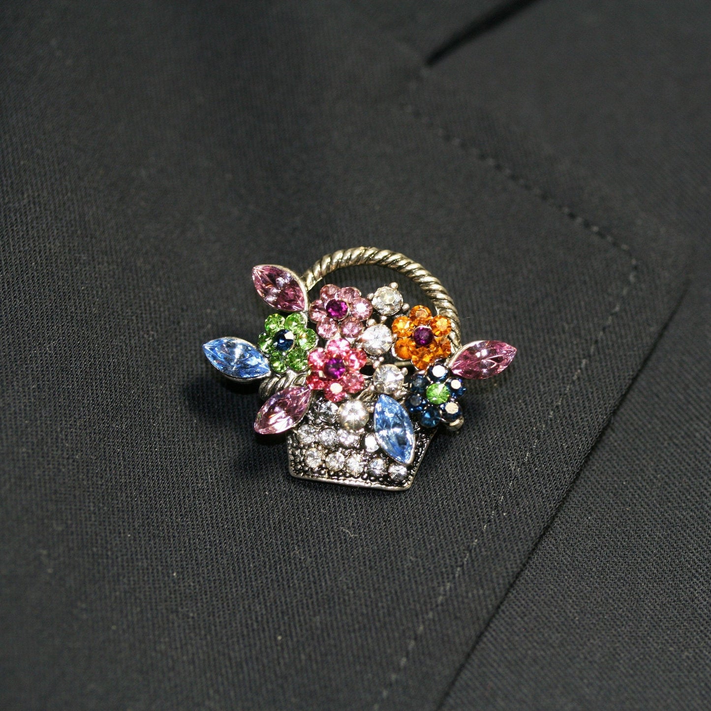 Vintage Multi Rhinestone Spring Mother's Day Easter Bouquet Flower Basket Pin Brooch