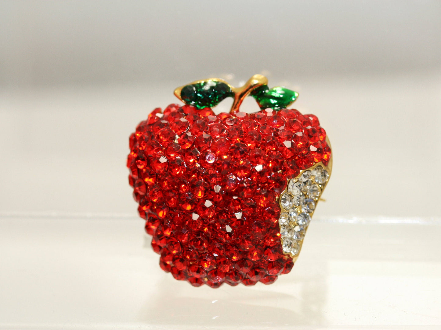 Red Apple Green Apple Bitten Rhinestone Crystal Statement Pin Brooch Genuine Shiny Teacher