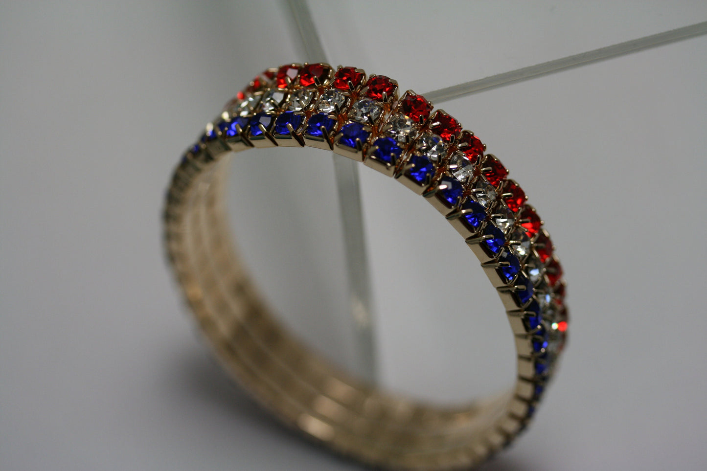 Women's Red White And Blue USA Flag Patriotic Statement Stretch Rhinestone Bracelet
