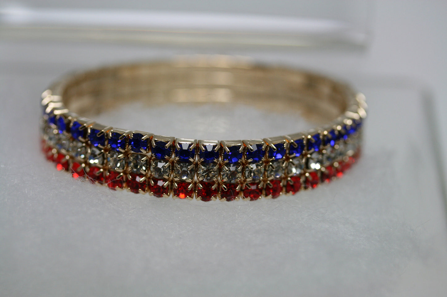 Women's Red White And Blue USA Flag Patriotic Statement Stretch Rhinestone Bracelet