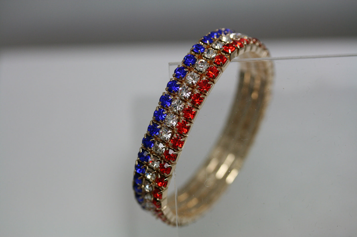 Women's Red White And Blue USA Flag Patriotic Statement Stretch Rhinestone Bracelet