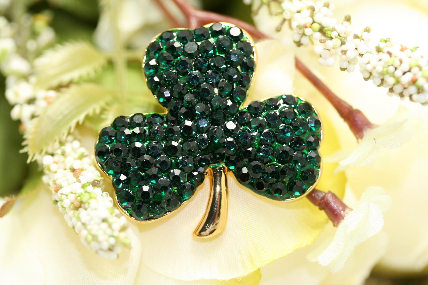 Gold Tone Saint Patrick Day Rhinestones Three Leaf Clover Pin Brooch Saint Patrick's Day Shamrock Jewelry Gift
