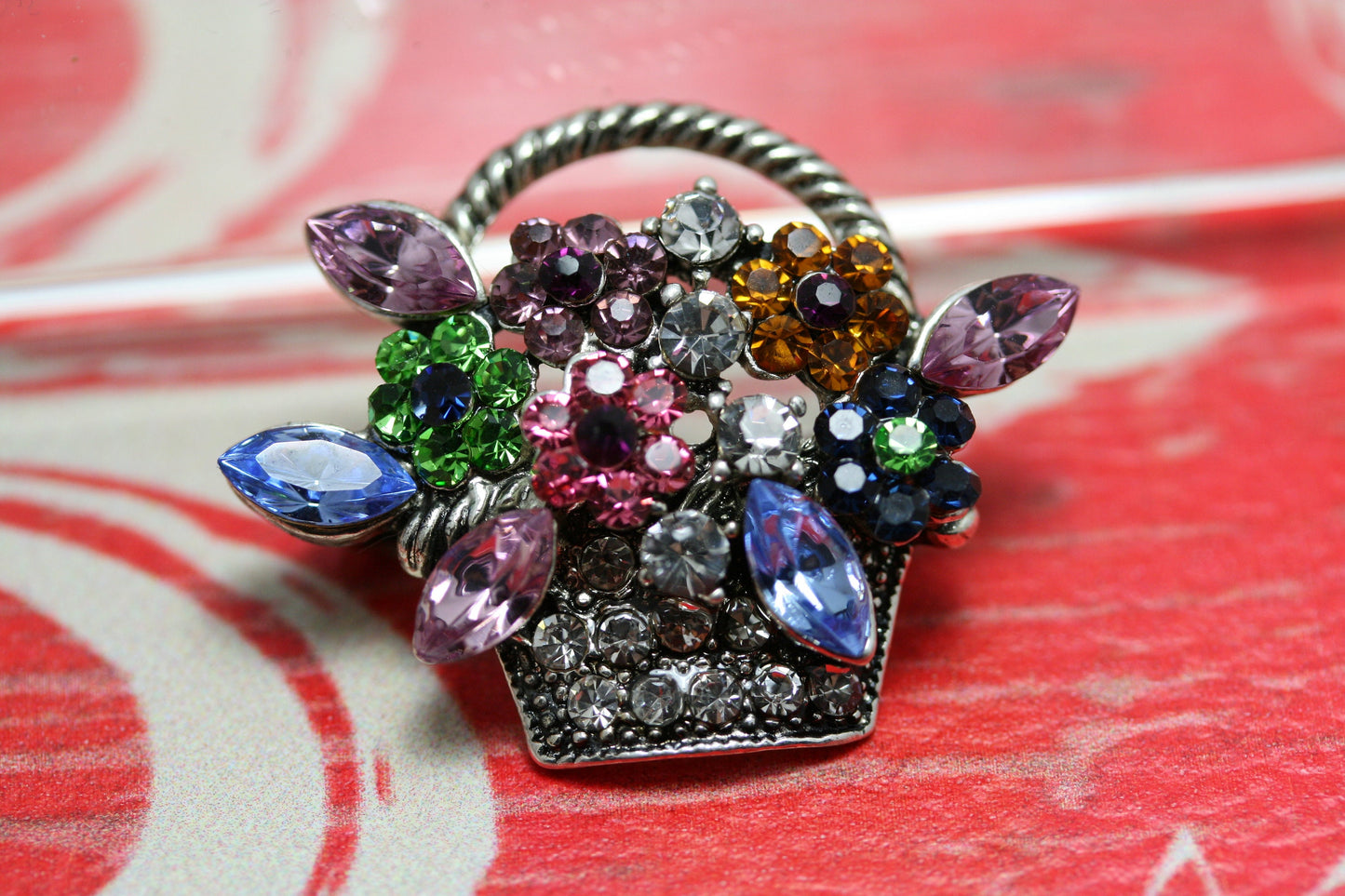 Vintage Multi Rhinestone Spring Mother's Day Easter Bouquet Flower Basket Pin Brooch