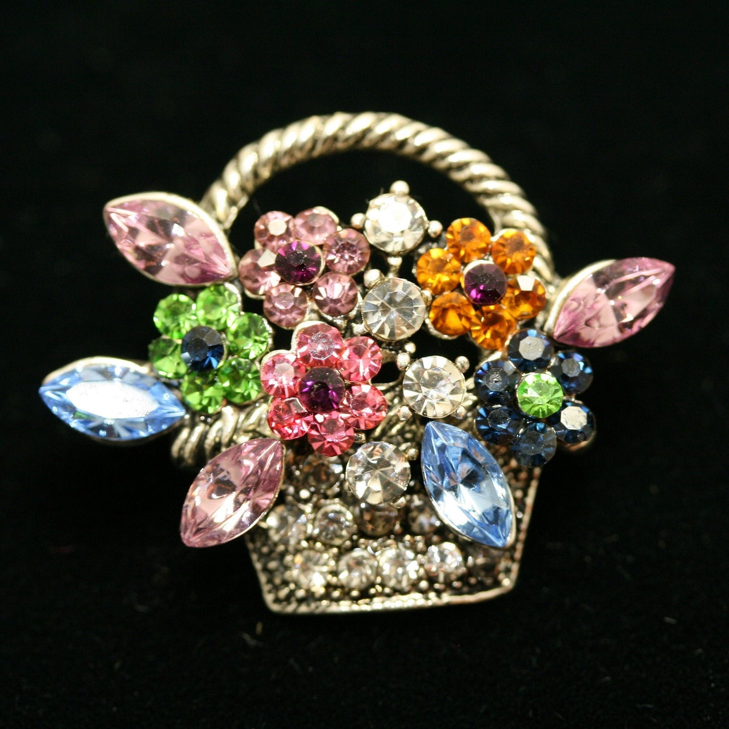 Vintage Multi Rhinestone Spring Mother's Day Easter Bouquet Flower Basket Pin Brooch