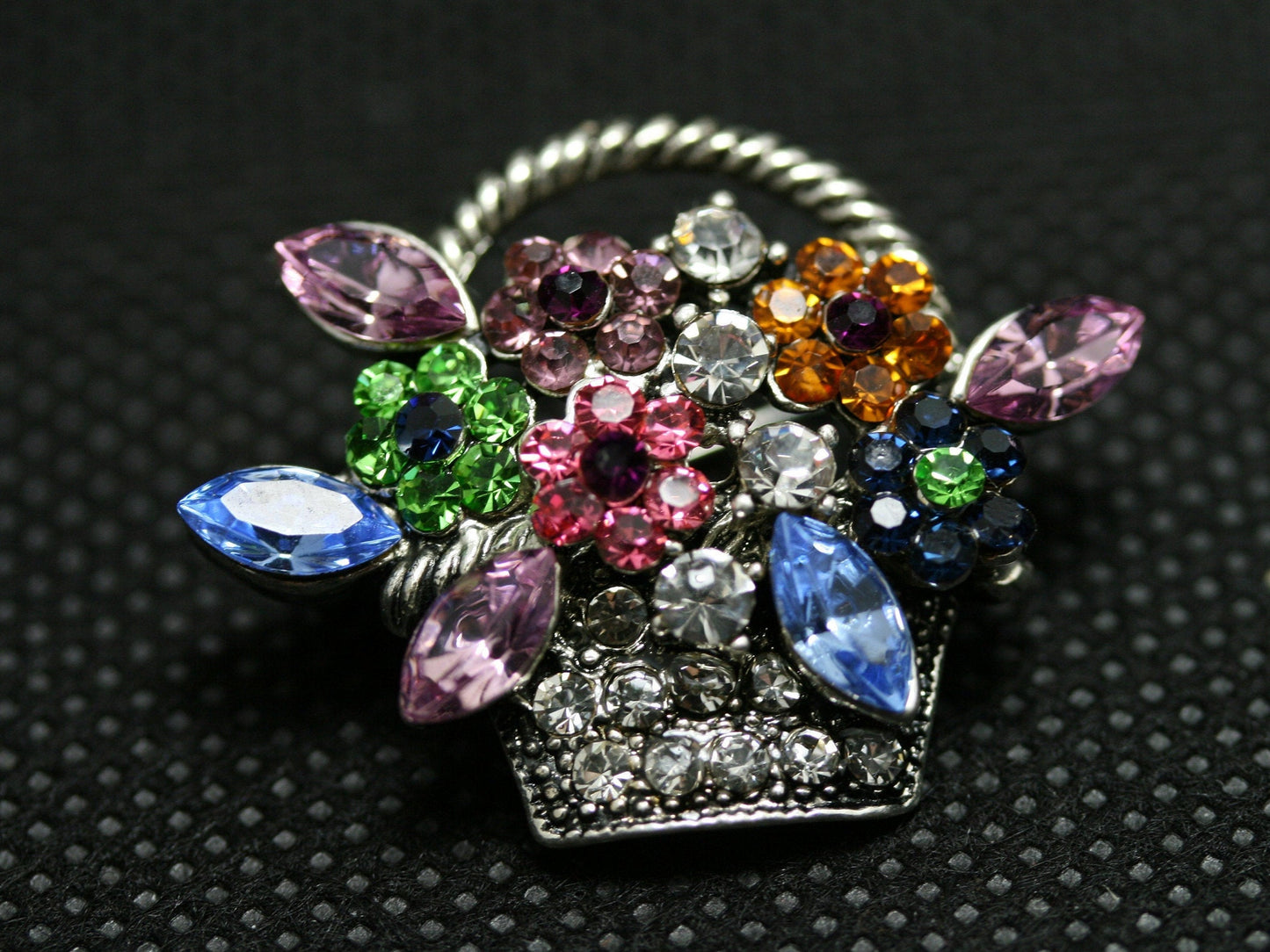 Vintage Multi Rhinestone Spring Mother's Day Easter Bouquet Flower Basket Pin Brooch