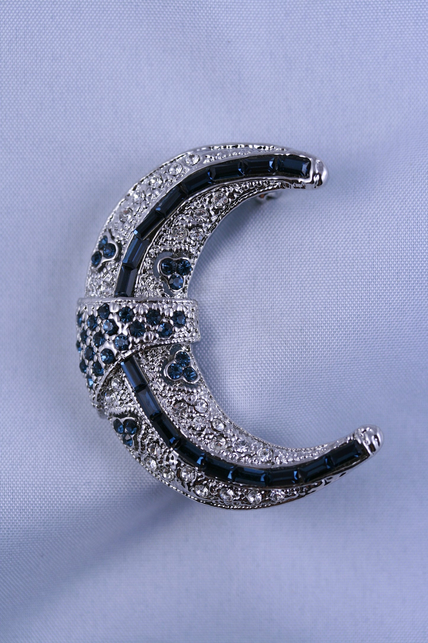 Blue Rhinestone Crescent Moon Brooch, Blue moon Pins, Old Fashion Moon Pin, Crystal Moon Brooches